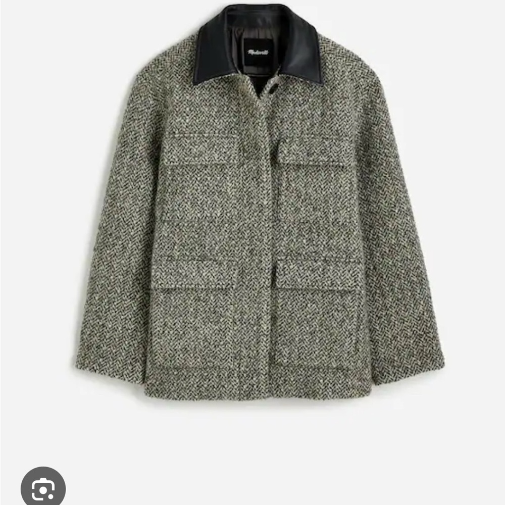 Madewell Gray Tweed Coat with Tan Leather Collar